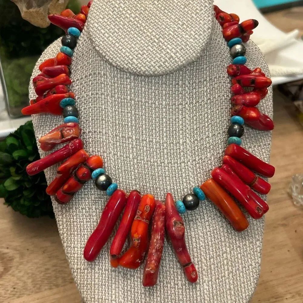 Vintage red coral turquoise sterling silver statement necklace 925
